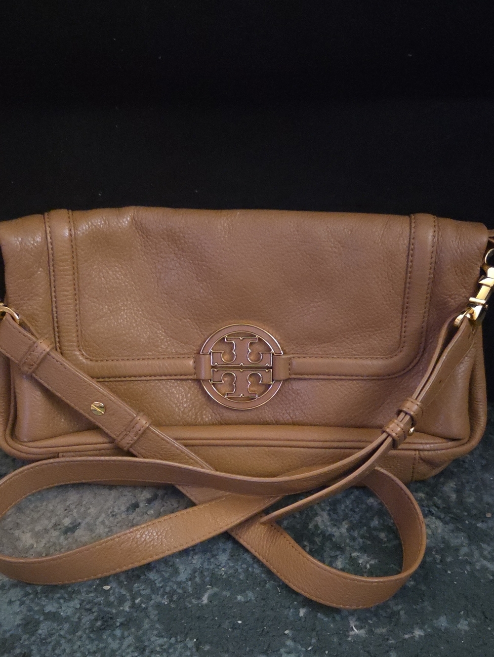 Tory Burch Cognac Amanda Flip Leather Crossbody with Logo Medallion